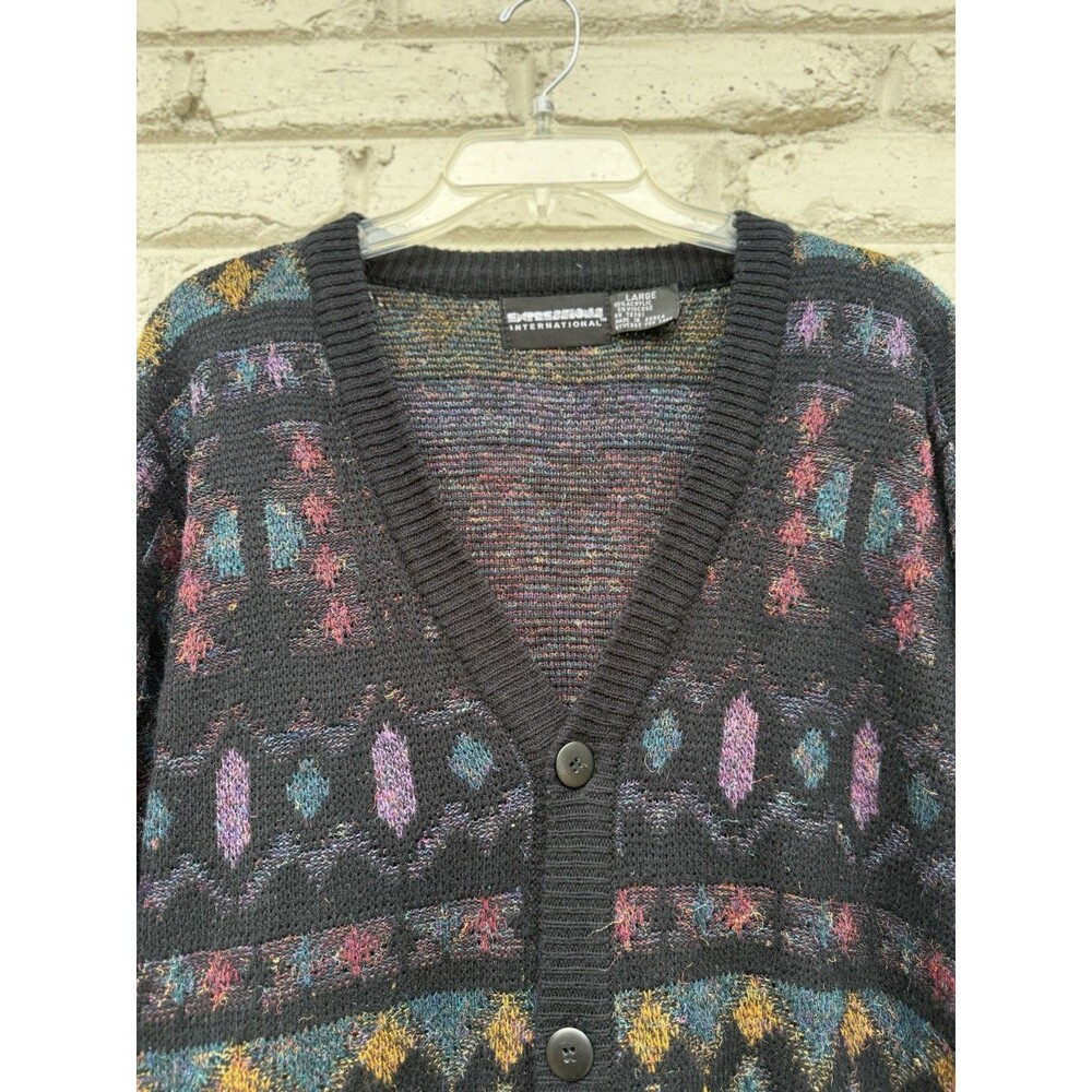 Vintage 80s Expressions Cardigan Sweater LARGE vibrant acrylic knit Men’s